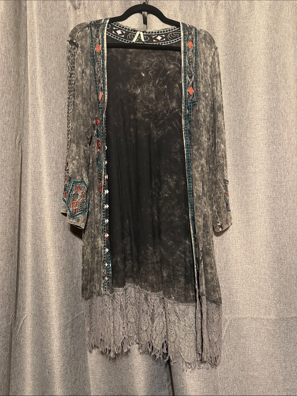 BKE Gray Distressed Open-Front Cardigan with Embroidered Accents